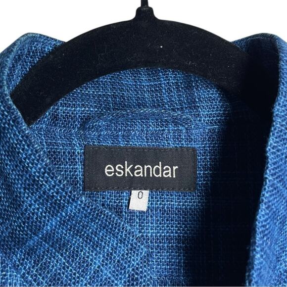 Eskandar Blue Textured Plaid Linen Mandarin Collar Relaxed Button Up Jacket 0 - Picture 5 of 11
